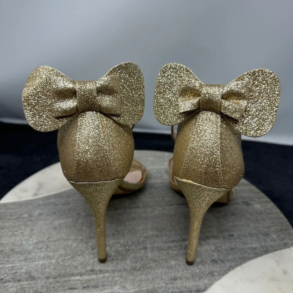 Primark Disney Minnie Mouse Gold Glitter Heels 7 Bow Ankle Strap Sandals Sparkly